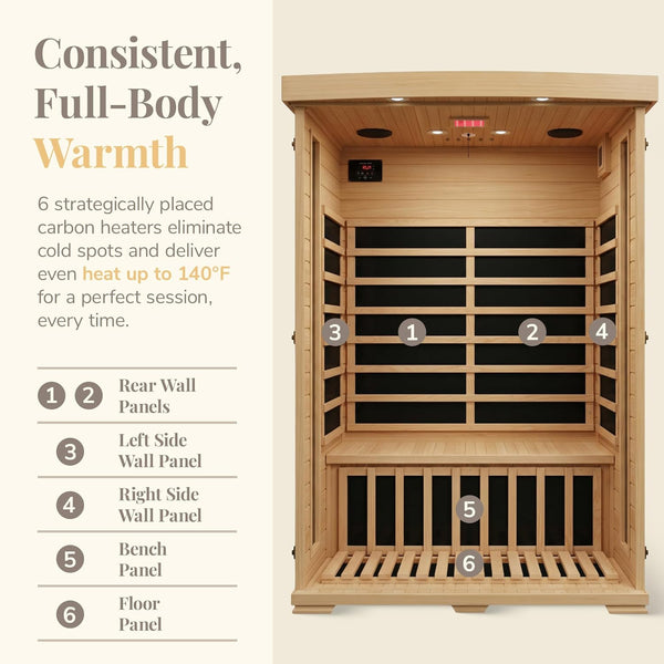 2-Person Infrared Sauna Designed for Home Wellness, 6 Carbon Heaters, Hemlock Construction, Chromotherapy Lighting